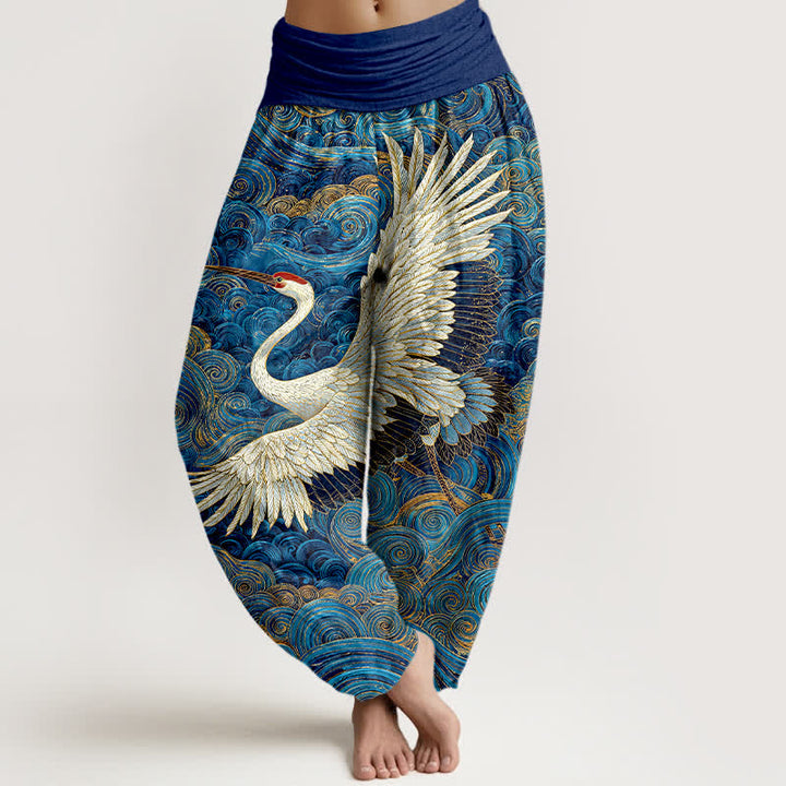 Buddha Stones Pantalon harem à taille élastique pour femme, en coton blanc à motif de grues et de vagues. - Bleu royal - US16，UK/AU20，EU48 (3XL) - image 0