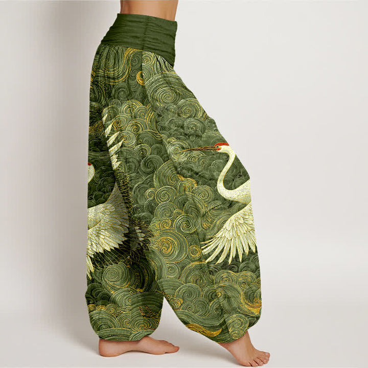 Buddha Stones Pantalon harem à taille élastique pour femme, en coton blanc à motif de grues et de vagues. - image 7