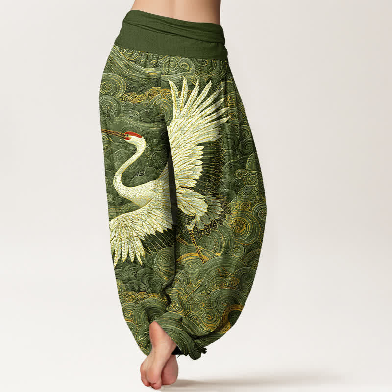 Buddha Stones Pantalon harem à taille élastique pour femme, en coton blanc à motif de grues et de vagues. - image 6