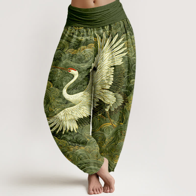 Buddha Stones Pantalon harem à taille élastique pour femme, en coton blanc à motif de grues et de vagues. - Vert - US16，UK/AU20，EU48 (3XL) - image 5