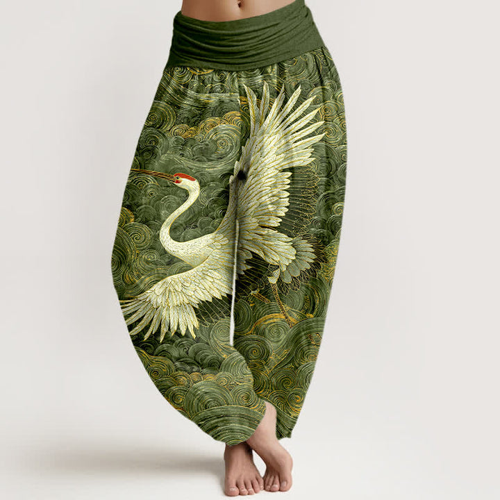 Buddha Stones Pantalon harem à taille élastique pour femme, en coton blanc à motif de grues et de vagues. - Vert - US16，UK/AU20，EU48 (3XL) - image 5