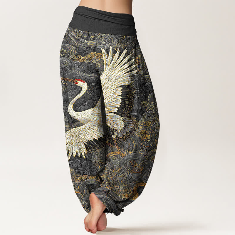 Buddha Stones Pantalon harem à taille élastique pour femme, en coton blanc à motif de grues et de vagues. - image 9