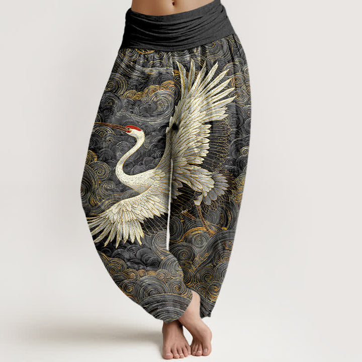 Buddha Stones Pantalon harem à taille élastique pour femme, en coton blanc à motif de grues et de vagues. - Gris sombre - US16，UK/AU20，EU48 (3XL) - image 8