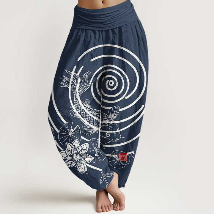 Buddha Stones Pantalon harem à taille élastique pour femme, en coton, motif carpes koï et lotus - Marine - US16，UK/AU20，EU48 (3XL) - image 0
