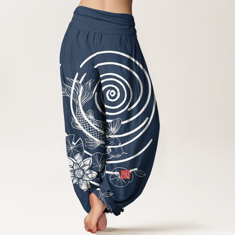 Buddha Stones Pantalon harem à taille élastique pour femme, en coton, motif carpes koï et lotus - image 1