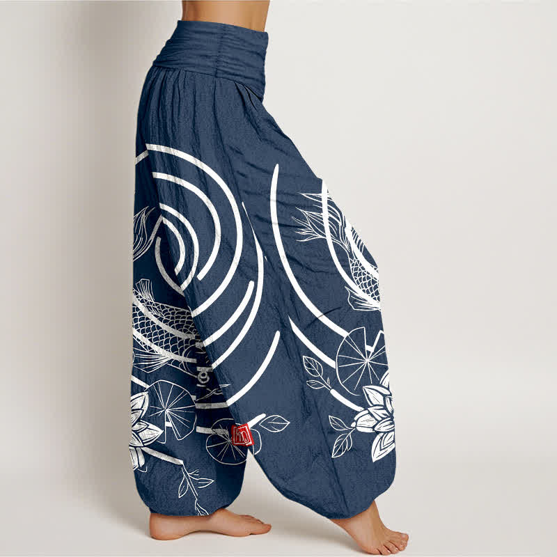Buddha Stones Pantalon harem à taille élastique pour femme, en coton, motif carpes koï et lotus - image 2
