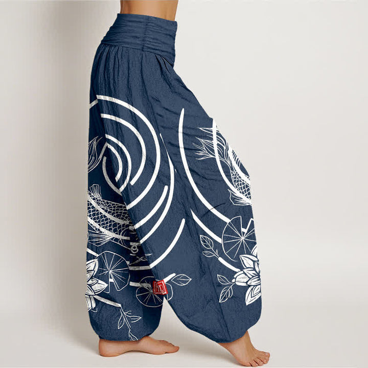 Buddha Stones Pantalon harem à taille élastique pour femme, en coton, motif carpes koï et lotus - image 2