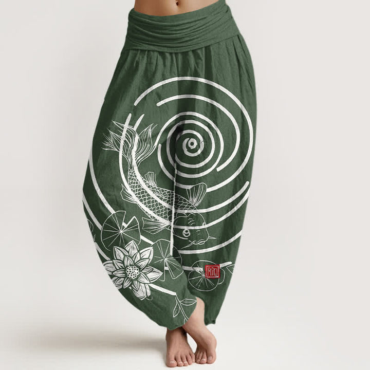 Buddha Stones Pantalon harem à taille élastique pour femme, en coton, motif carpes koï et lotus - Vert forêt - US16，UK/AU20，EU48 (3XL) - image 5