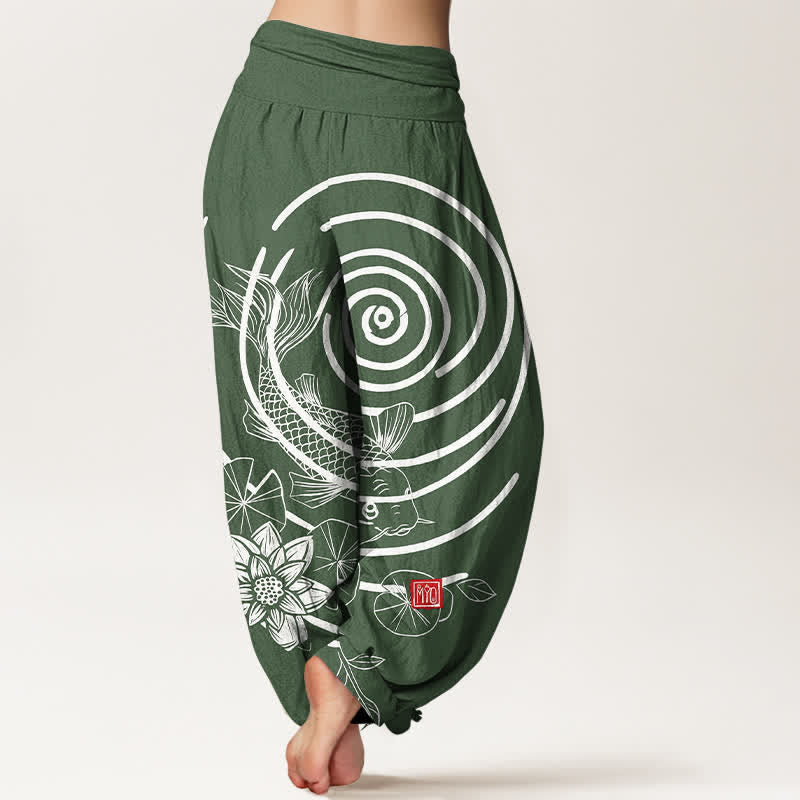 Buddha Stones Pantalon harem à taille élastique pour femme, en coton, motif carpes koï et lotus - image 6