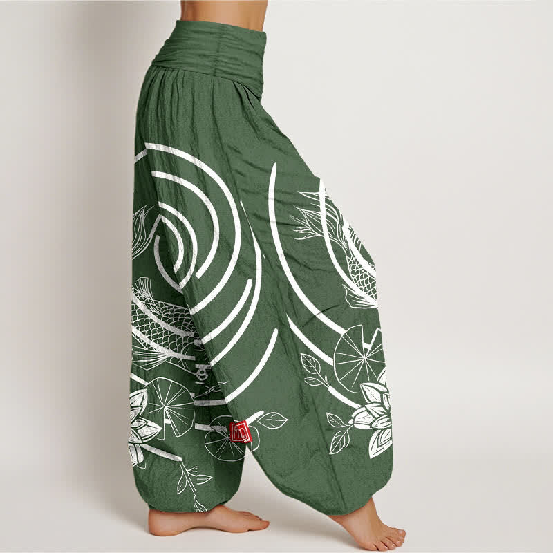 Buddha Stones Pantalon harem à taille élastique pour femme, en coton, motif carpes koï et lotus - image 7