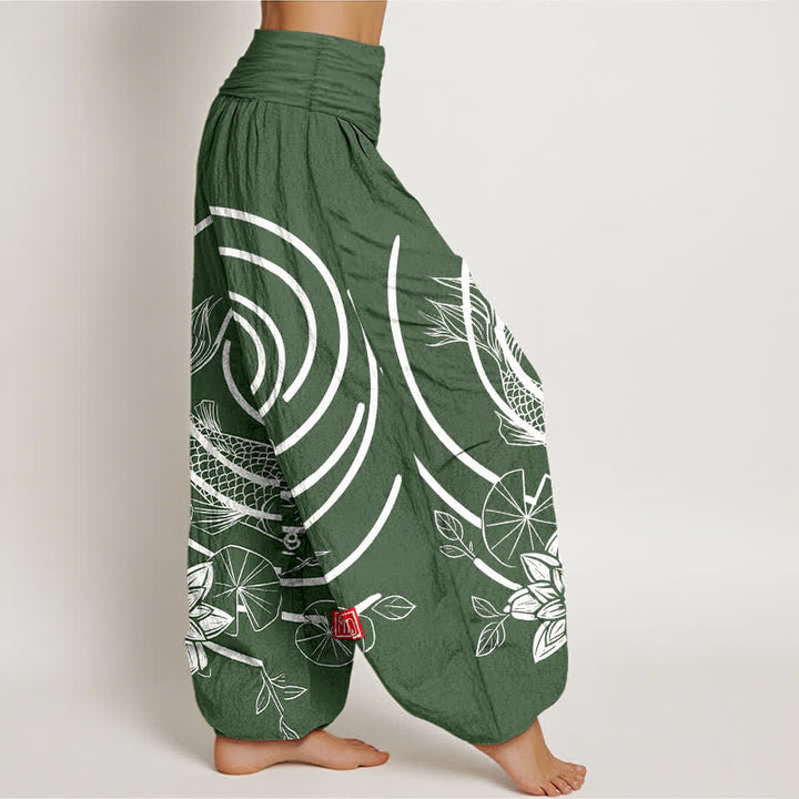 Buddha Stones Pantalon harem à taille élastique pour femme, en coton, motif carpes koï et lotus - image 7