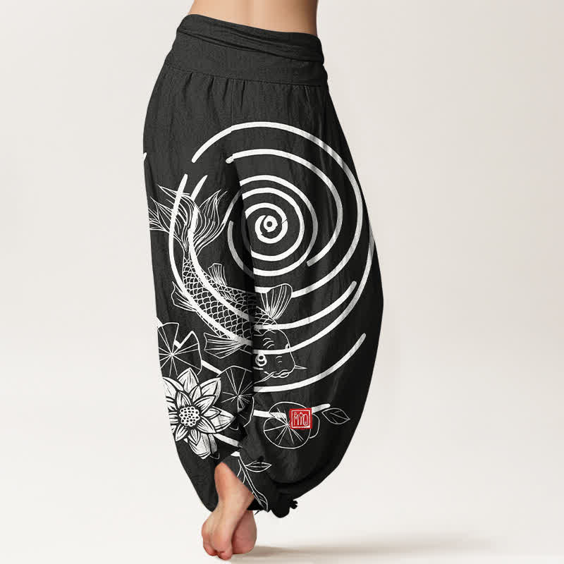 Buddha Stones Pantalon harem à taille élastique pour femme, en coton, motif carpes koï et lotus - image 9
