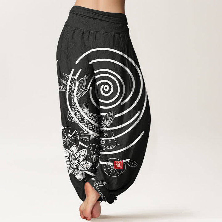 Buddha Stones Pantalon harem à taille élastique pour femme, en coton, motif carpes koï et lotus - image 9