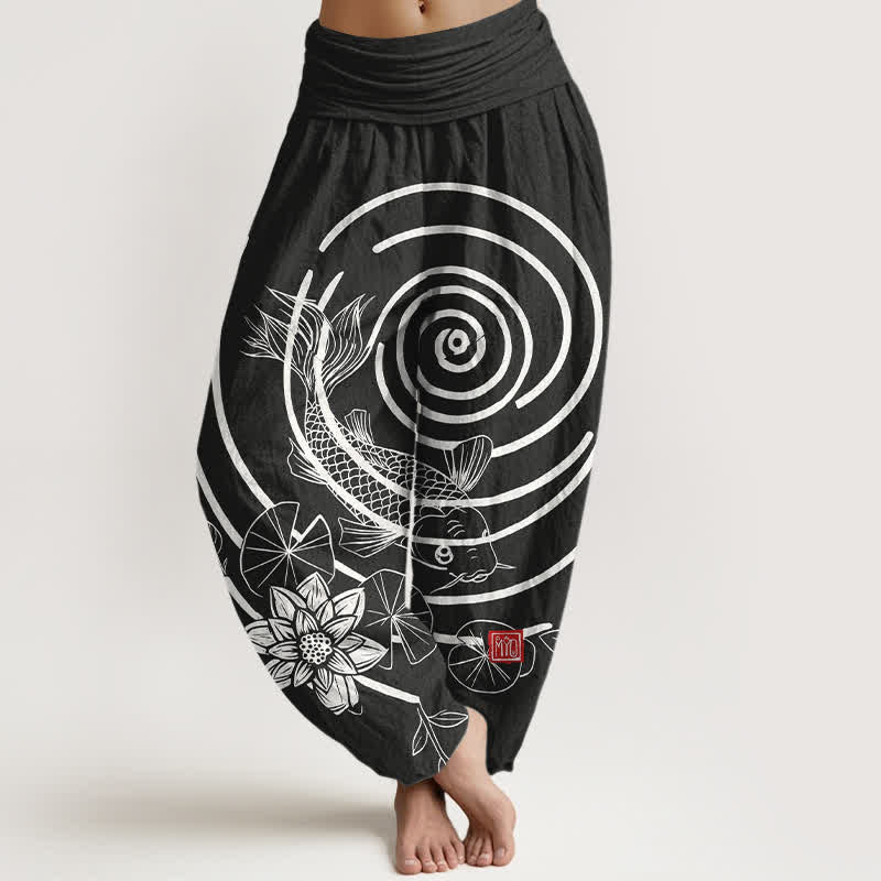 Buddha Stones Pantalon harem à taille élastique pour femme, en coton, motif carpes koï et lotus - Noir - US16，UK/AU20，EU48 (3XL) - image 8