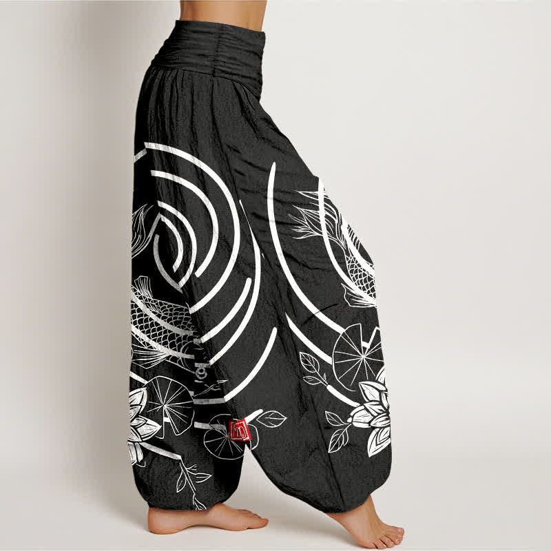 Buddha Stones Pantalon harem à taille élastique pour femme, en coton, motif carpes koï et lotus - image 10