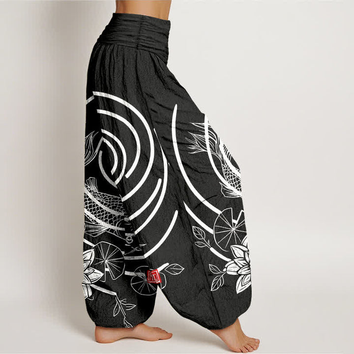 Buddha Stones Pantalon harem à taille élastique pour femme, en coton, motif carpes koï et lotus - image 10
