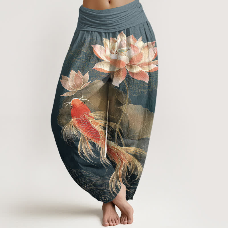 Buddha Stones Pantalon harem élégant en coton à motif de carpes koï dorées et de lotus pour femme, taille élastique - Sarcelle - US16，UK/AU20，EU48 (3XL) - image 0