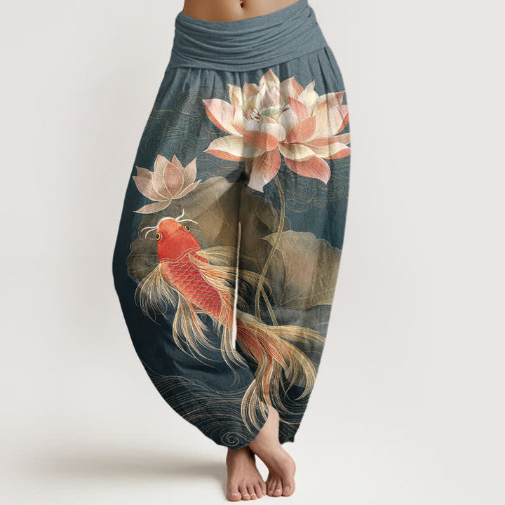 Buddha Stones Pantalon harem élégant en coton à motif de carpes koï dorées et de lotus pour femme, taille élastique - Sarcelle - US16，UK/AU20，EU48 (3XL) - image 0