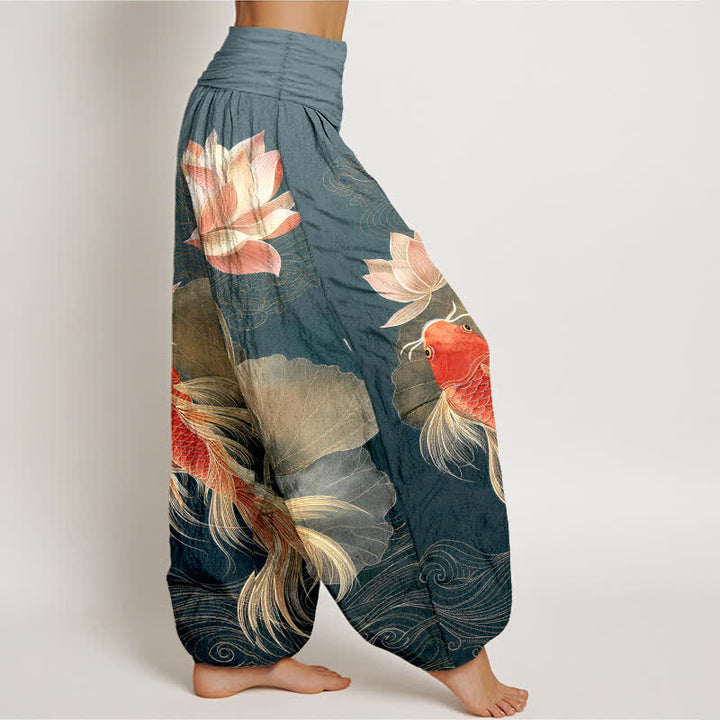 Buddha Stones Pantalon harem élégant en coton à motif de carpes koï dorées et de lotus pour femme, taille élastique - image 2