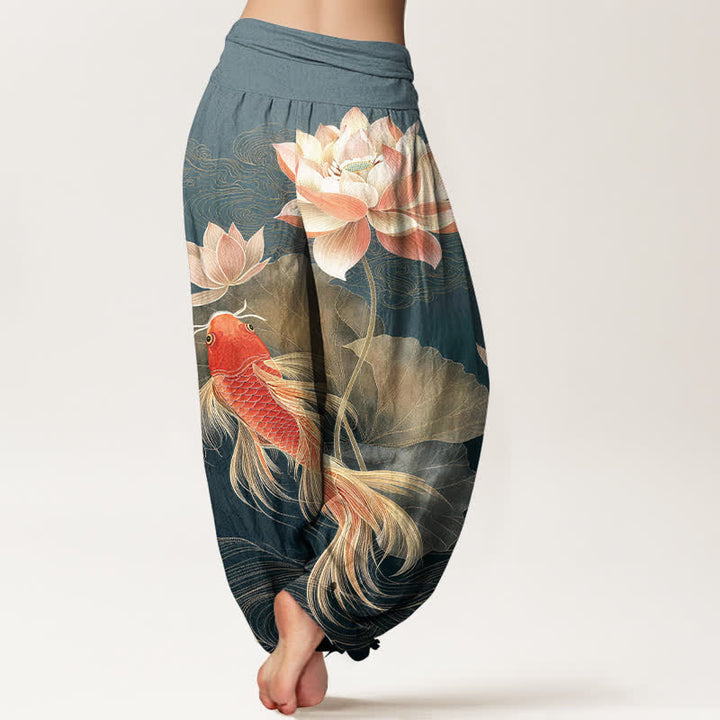 Buddha Stones Pantalon harem élégant en coton à motif de carpes koï dorées et de lotus pour femme, taille élastique - image 1