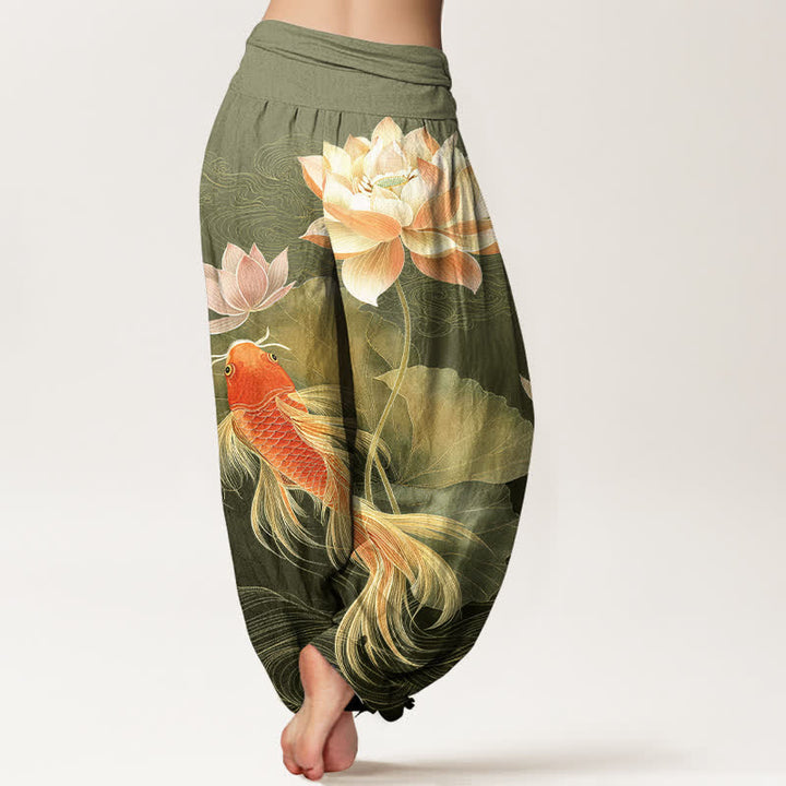 Buddha Stones Pantalon harem élégant en coton à motif de carpes koï dorées et de lotus pour femme, taille élastique - image 6