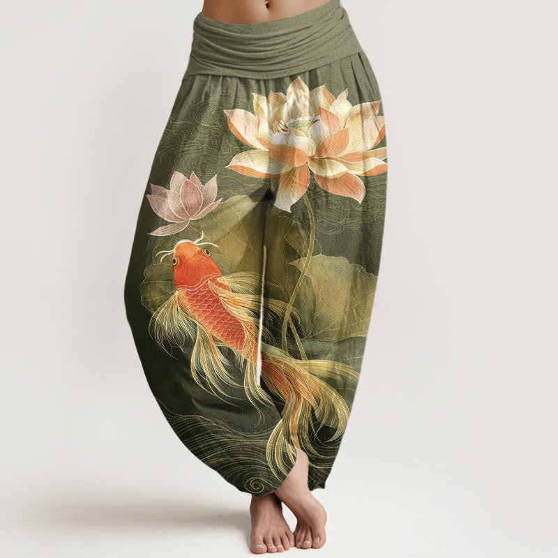 Buddha Stones Pantalon harem élégant en coton à motif de carpes koï dorées et de lotus pour femme, taille élastique - Olive - US16，UK/AU20，EU48 (3XL) - image 5