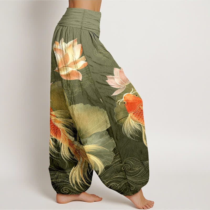 Buddha Stones Pantalon harem élégant en coton à motif de carpes koï dorées et de lotus pour femme, taille élastique - image 7
