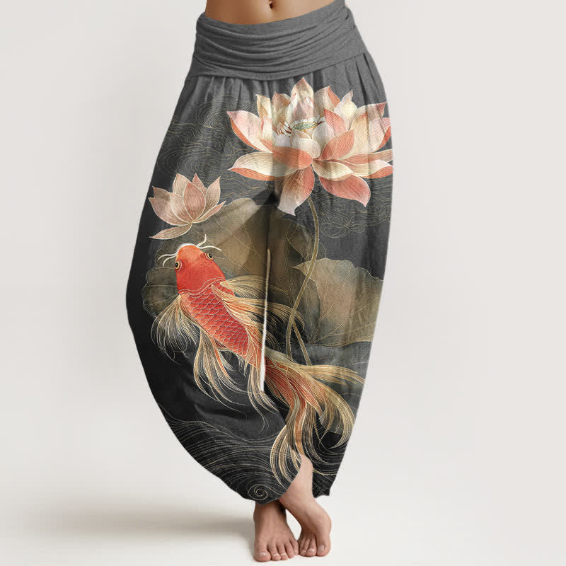 Buddha Stones Pantalon harem élégant en coton à motif de carpes koï dorées et de lotus pour femme, taille élastique - Gris sombre - US16，UK/AU20，EU48 (3XL) - image 8