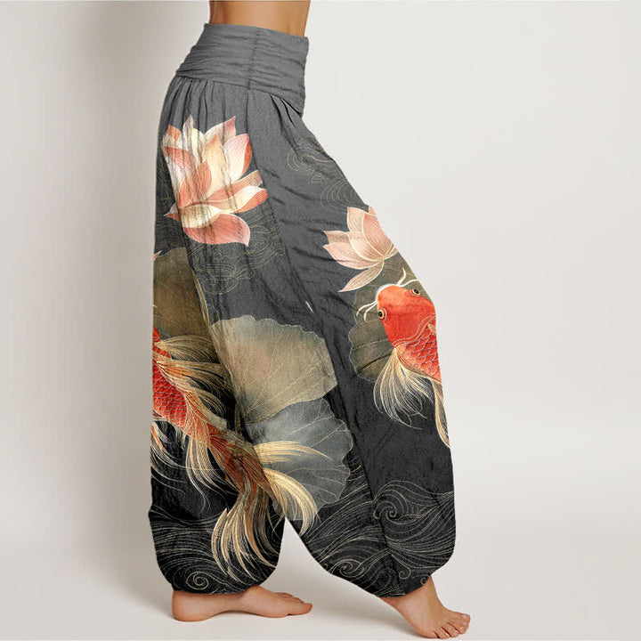 Buddha Stones Pantalon harem élégant en coton à motif de carpes koï dorées et de lotus pour femme, taille élastique - image 10