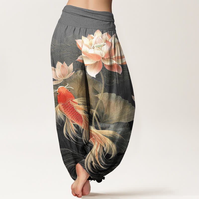 Buddha Stones Pantalon harem élégant en coton à motif de carpes koï dorées et de lotus pour femme, taille élastique - image 9
