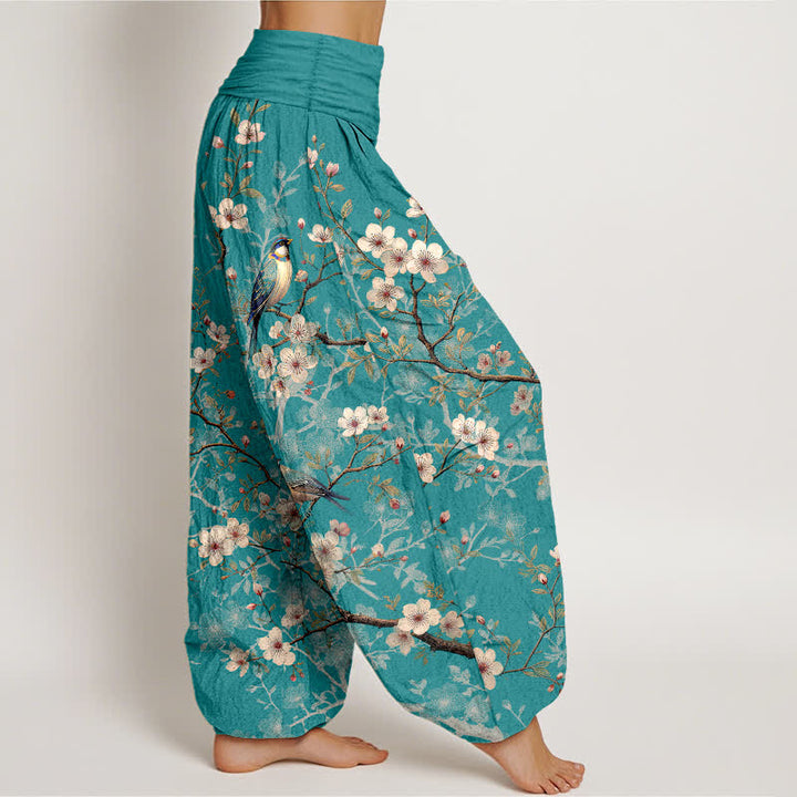 Buddha Stones Pantalon harem à taille élastique pour femme, motif branches fleuries et oiseaux en coton - image 2