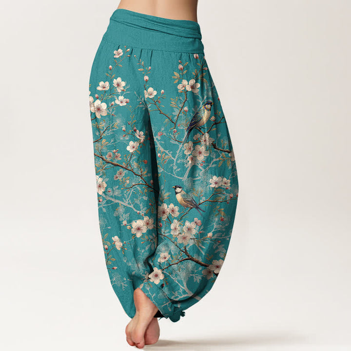 Buddha Stones Pantalon harem à taille élastique pour femme, motif branches fleuries et oiseaux en coton - image 1