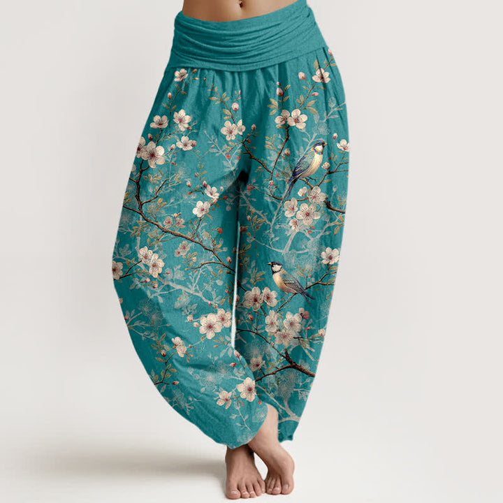Buddha Stones Pantalon harem à taille élastique pour femme, motif branches fleuries et oiseaux en coton - Vert clair - US16，UK/AU20，EU48 (3XL) - image 0