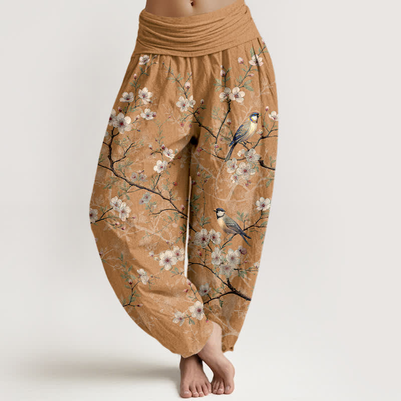 Buddha Stones Pantalon harem à taille élastique pour femme, motif branches fleuries et oiseaux en coton - Tanné - US16，UK/AU20，EU48 (3XL) - image 5