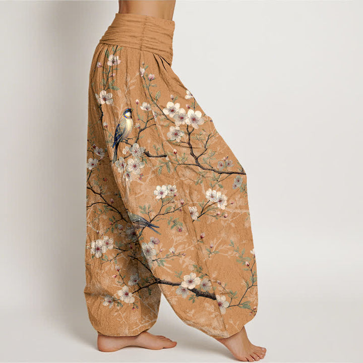 Buddha Stones Pantalon harem à taille élastique pour femme, motif branches fleuries et oiseaux en coton - image 7