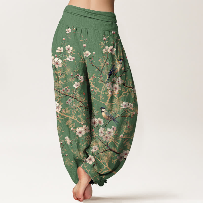 Buddha Stones Pantalon harem à taille élastique pour femme, motif branches fleuries et oiseaux en coton - image 9