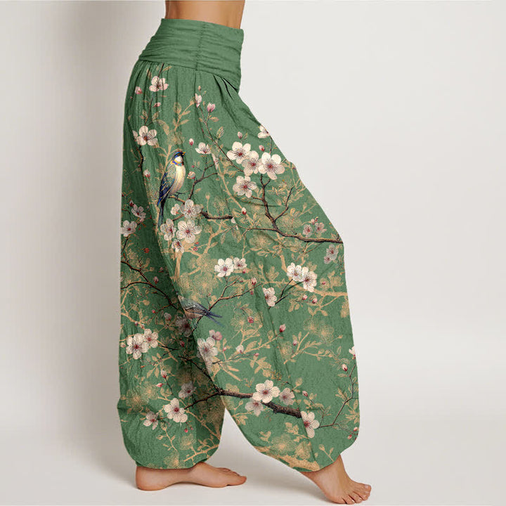 Buddha Stones Pantalon harem à taille élastique pour femme, motif branches fleuries et oiseaux en coton - image 10