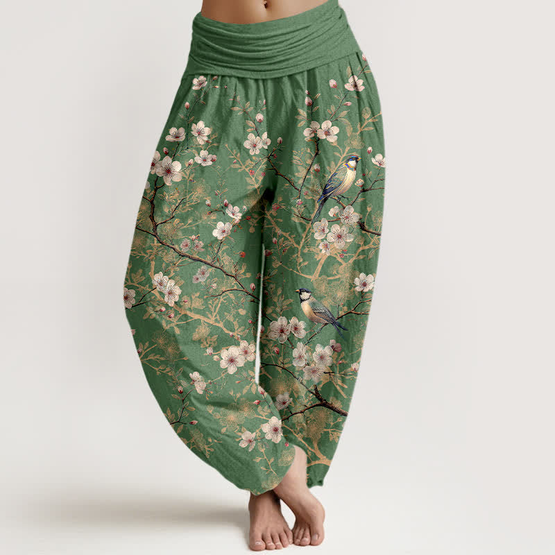Buddha Stones Pantalon harem à taille élastique pour femme, motif branches fleuries et oiseaux en coton - Vert olive - US16，UK/AU20，EU48 (3XL) - image 8