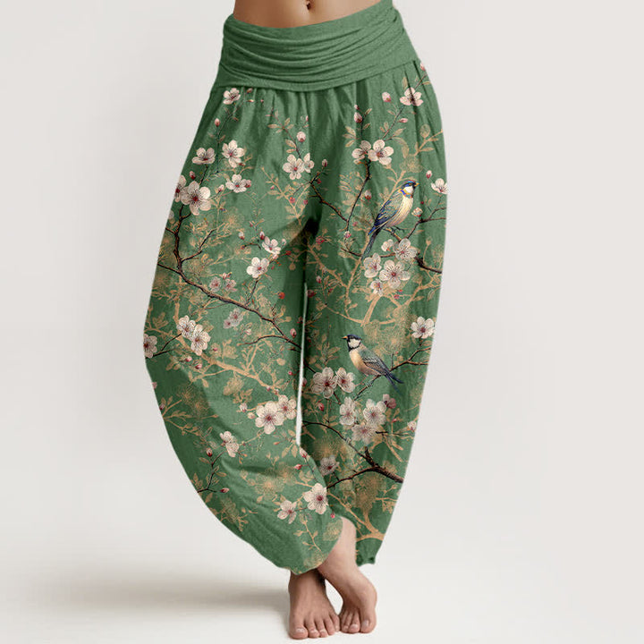Buddha Stones Pantalon harem à taille élastique pour femme, motif branches fleuries et oiseaux en coton - Vert olive - US16，UK/AU20，EU48 (3XL) - image 8