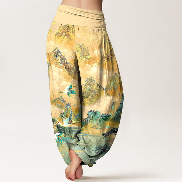 Buddha Stones Pantalon harem pour femme en coton à motif de grues à couronne rouge et paysage oriental, taille élastique - image 1