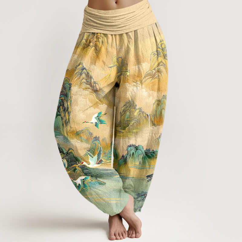 Buddha Stones Pantalon harem pour femme en coton à motif de grues à couronne rouge et paysage oriental, taille élastique - Blé - US16，UK/AU20，EU48 (3XL) - image 0