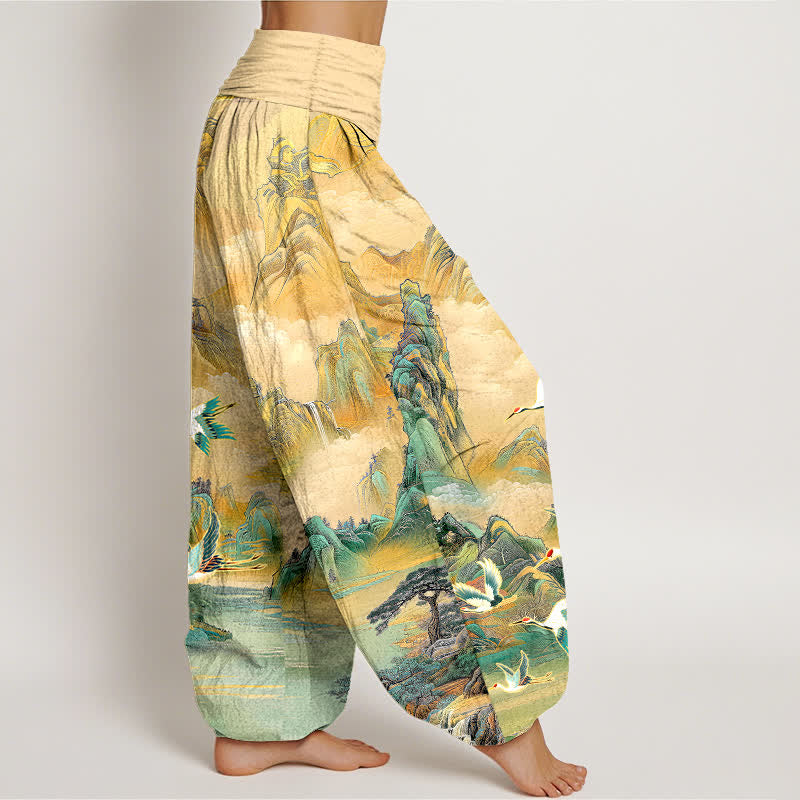 Buddha Stones Pantalon harem pour femme en coton à motif de grues à couronne rouge et paysage oriental, taille élastique - image 2