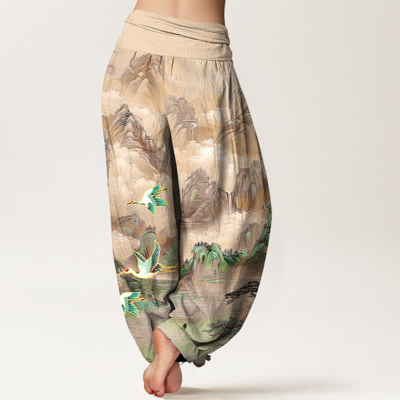 Buddha Stones Pantalon harem pour femme en coton à motif de grues à couronne rouge et paysage oriental, taille élastique - image 6