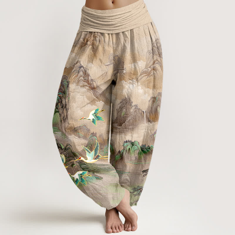 Buddha Stones Pantalon harem pour femme en coton à motif de grues à couronne rouge et paysage oriental, taille élastique - Tanné - US16，UK/AU20，EU48 (3XL) - image 5