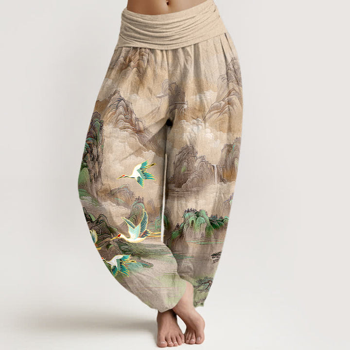 Buddha Stones Pantalon harem pour femme en coton à motif de grues à couronne rouge et paysage oriental, taille élastique - Tanné - US16，UK/AU20，EU48 (3XL) - image 5