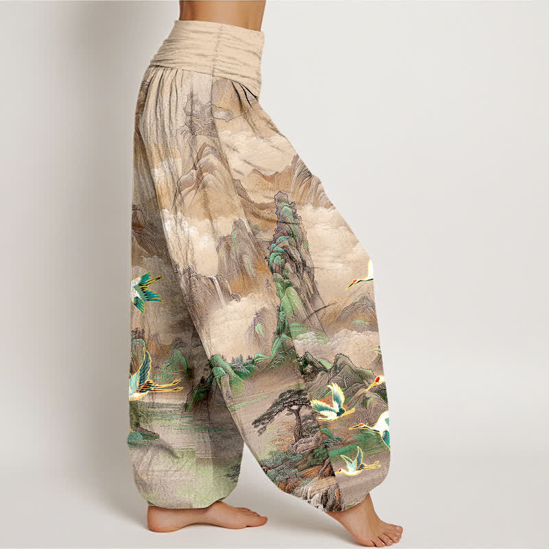 Buddha Stones Pantalon harem pour femme en coton à motif de grues à couronne rouge et paysage oriental, taille élastique - image 7