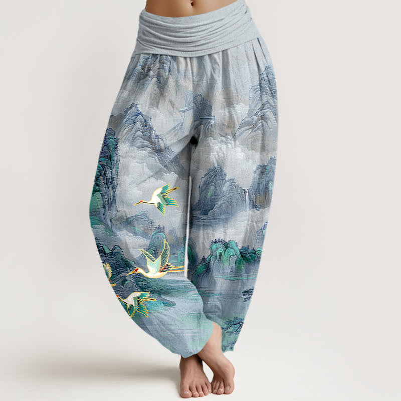 Buddha Stones Pantalon harem pour femme en coton à motif de grues à couronne rouge et paysage oriental, taille élastique - Bleu acier clair - US16，UK/AU20，EU48 (3XL) - image 8