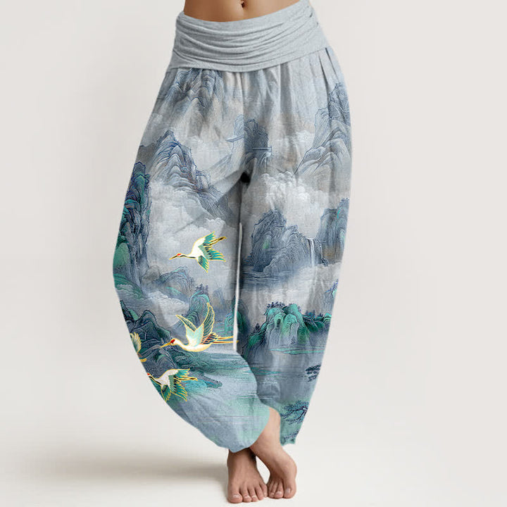 Buddha Stones Pantalon harem pour femme en coton à motif de grues à couronne rouge et paysage oriental, taille élastique - Bleu acier clair - US16，UK/AU20，EU48 (3XL) - image 8