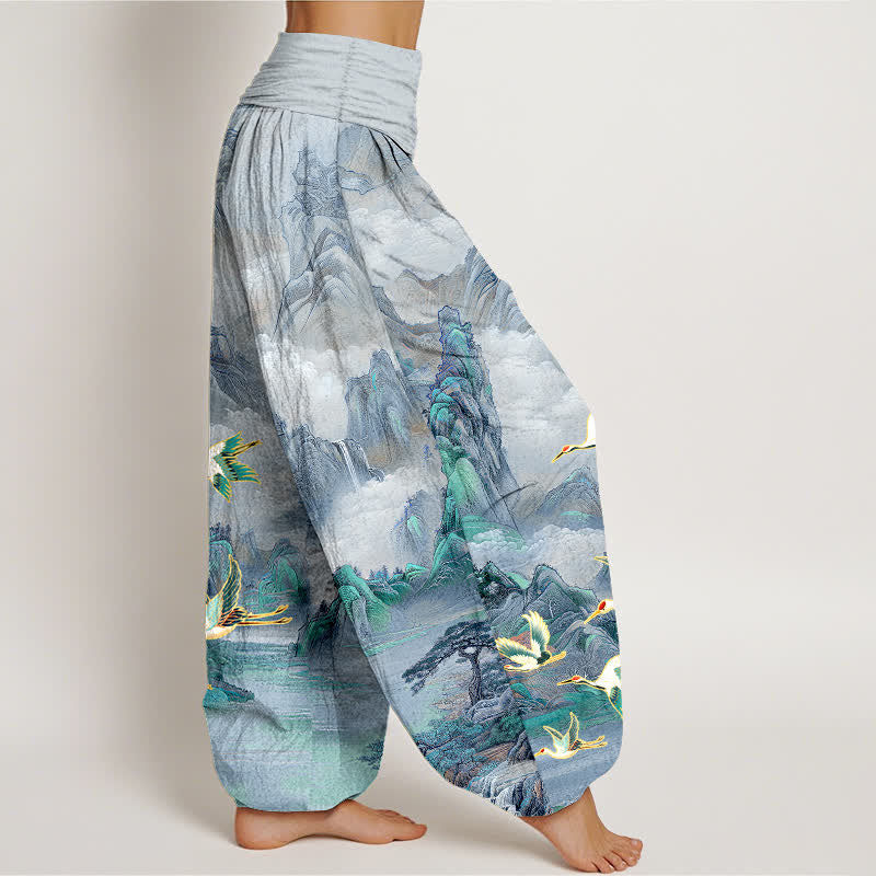 Buddha Stones Pantalon harem pour femme en coton à motif de grues à couronne rouge et paysage oriental, taille élastique - image 10