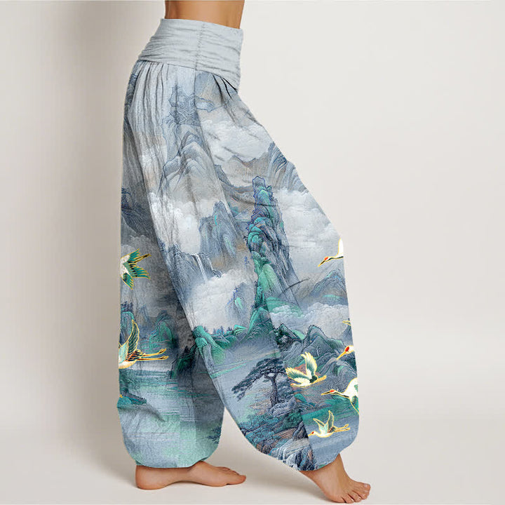Buddha Stones Pantalon harem pour femme en coton à motif de grues à couronne rouge et paysage oriental, taille élastique - image 10